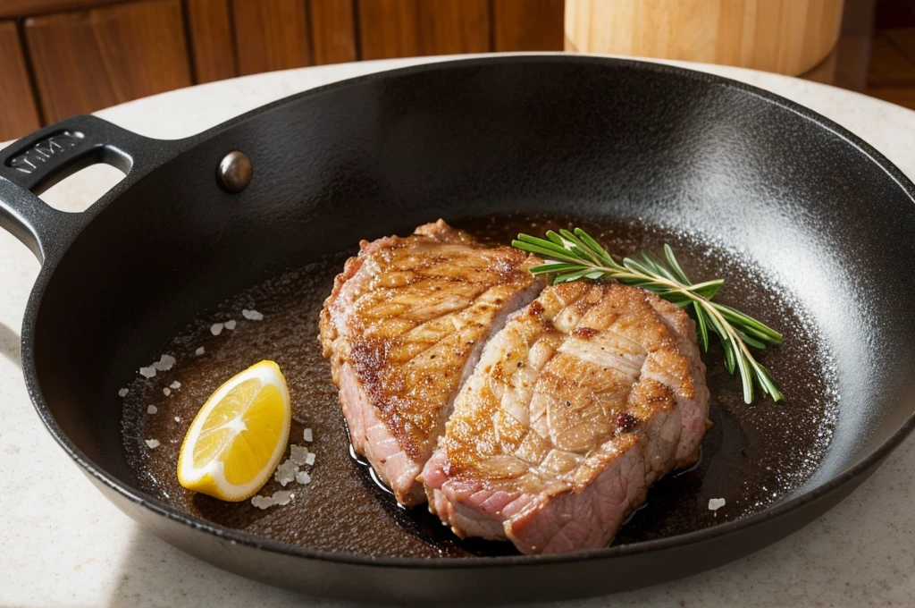 Meat is placed on a frying pan, and salt is placed in a round shape.