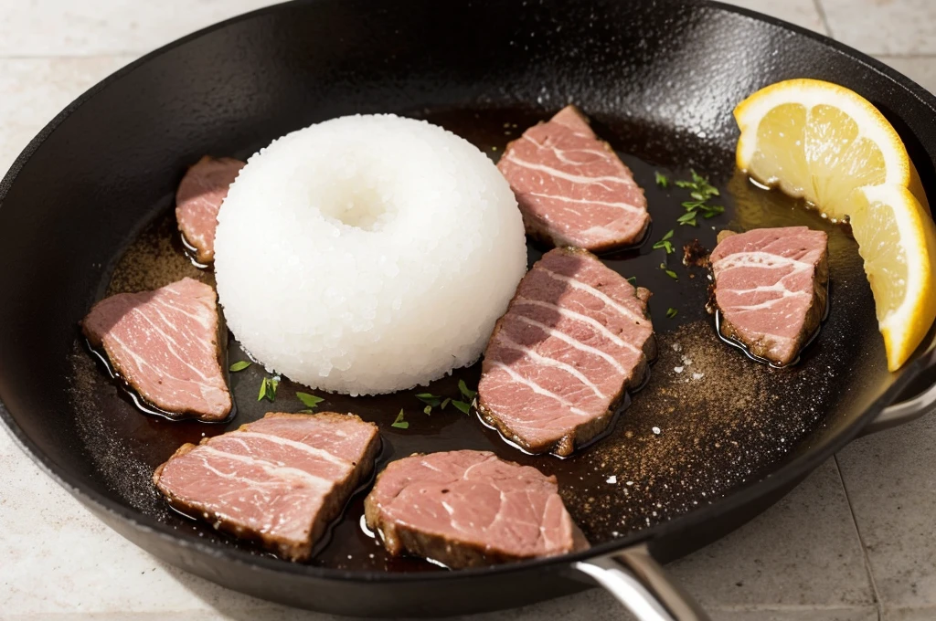 Meat is placed on a frying pan, and salt is placed in a round shape.