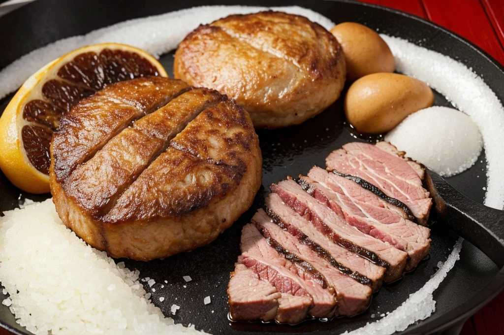 Meat is placed on a frying pan, and salt is placed in a round shape.
