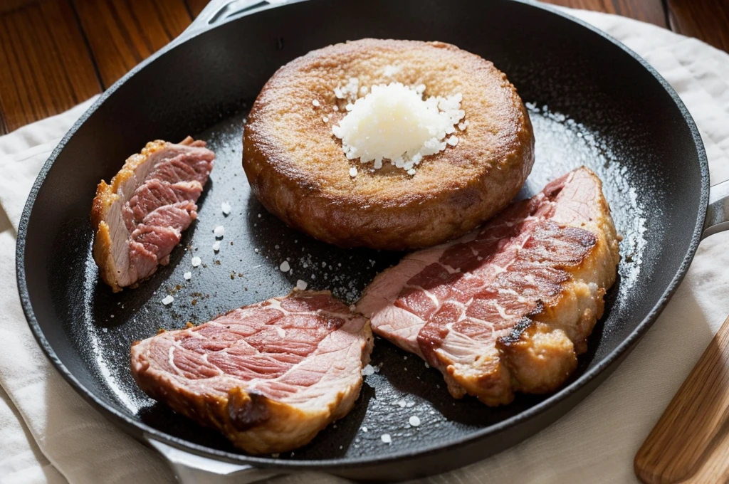 Meat is placed on a frying pan, and salt is placed in a round shape.