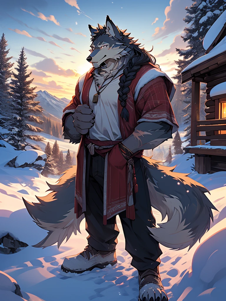 (masterpiece), (photorealistic:1.5), (1boy:1.2), (middle-aged male:1.4), (wolf male:1.6), (gray fur), (white long beard), (long white braided hair), (many scars), (scar on face), (scar on body), (casual clothes), (loose shirt), (holding child), (gentle smile), (warm expression), (kind eyes), (standing), (cold northern region), (snowy landscape), (mountains), (pine trees), (cabin), (smoke from chimney), (footprints in snow), (cloudy sky), (daytime), (bright sunlight), (cinematic lighting)