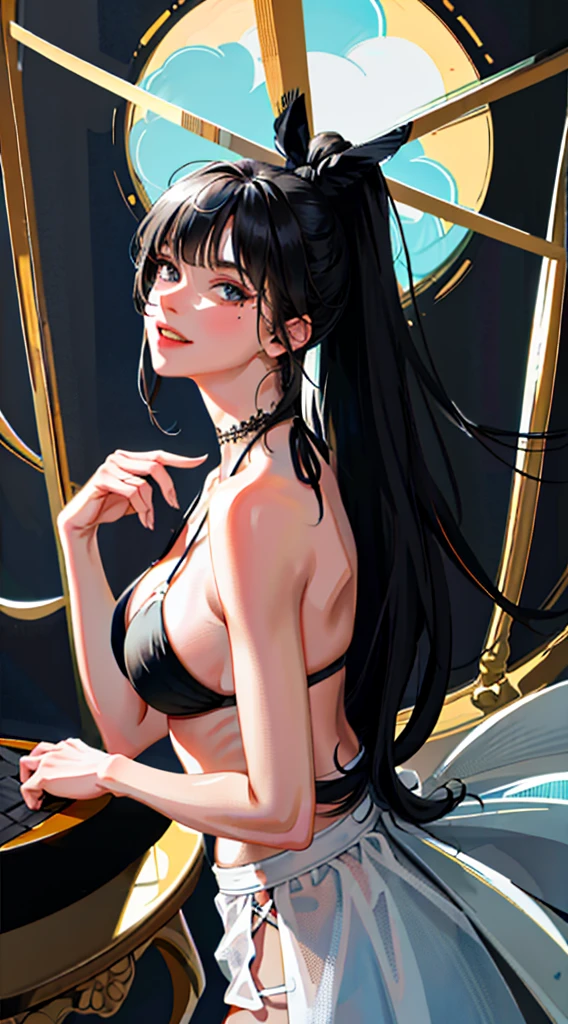 Black Hair, bangs, curtained hair, crossed bangs, Long Hair,ponytail, Long Hair, Messy Hair, ponytail, とてもLong Hair, Big Hair, Side hair bun, Hair Ears, Tying up hair, Hair flap, widow peak, headgear, Hair Ribbon, hairpin, Hair Pod, 白いHair Ribbon, ((Mole under the eye)), Please raise your eyebrows, eyeball, Wicked Smile, crazy, shy, Frowning, interpretation, dark (performance), Captivating smile, Anime Big , Minimalism, Anime Style, viewing angle, From above, Hyper HD, retina, masterpiece, Accurate, Textured skin, Very detailed, high quality, Attention to detail, Awards, 最high quality, High resolution, 16K, Hyper HD, retina, masterpiece, Accurate, Textured skin, Very detailed, high quality, Attention to detail, Awards, 最high quality, High resolution, 16K,(Colorful and sexy black bikini girl: 1.2), Dark blue eyes, 1 Girl, 20-year-old,Grin,Big ample breasts,thin,,(Realistic), (Intricate details: 1.2), (Tabletop: 1.3), (最high quality: 1.4), (超High resolution: 1.2), 超High resolution, (fine grain), (Detailed face), 8K resolution, Beautiful legs,Beautiful Hands,Look at the viewers,Dynamic pose,Low Angle,looked back((Midsummer Beach))
