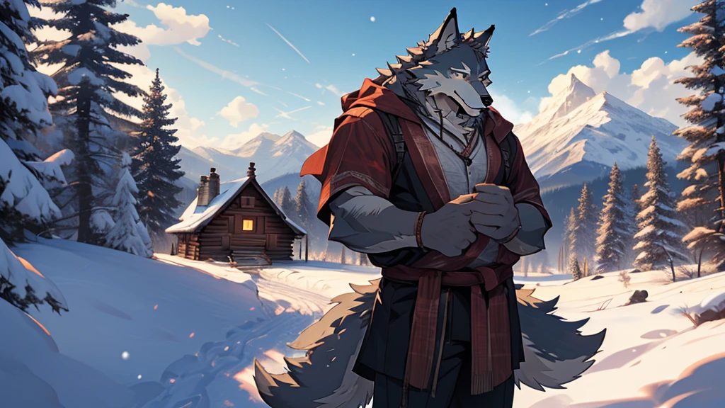 (masterpiece), (photorealistic:1.5), (1boy:1.2), (middle-aged male:1.4), (wolf male:1.6), (gray fur), (white long beard), (long white braided hair), (many scars), (scar on face), (scar on body), (casual clothes), (loose shirt), (holding child), (gentle smile), (warm expression), (kind eyes), (standing), (cold northern region), (snowy landscape), (mountains), (pine trees), (cabin), (smoke from chimney), (footprints in snow), (cloudy sky), (daytime), (bright sunlight), (cinematic lighting)