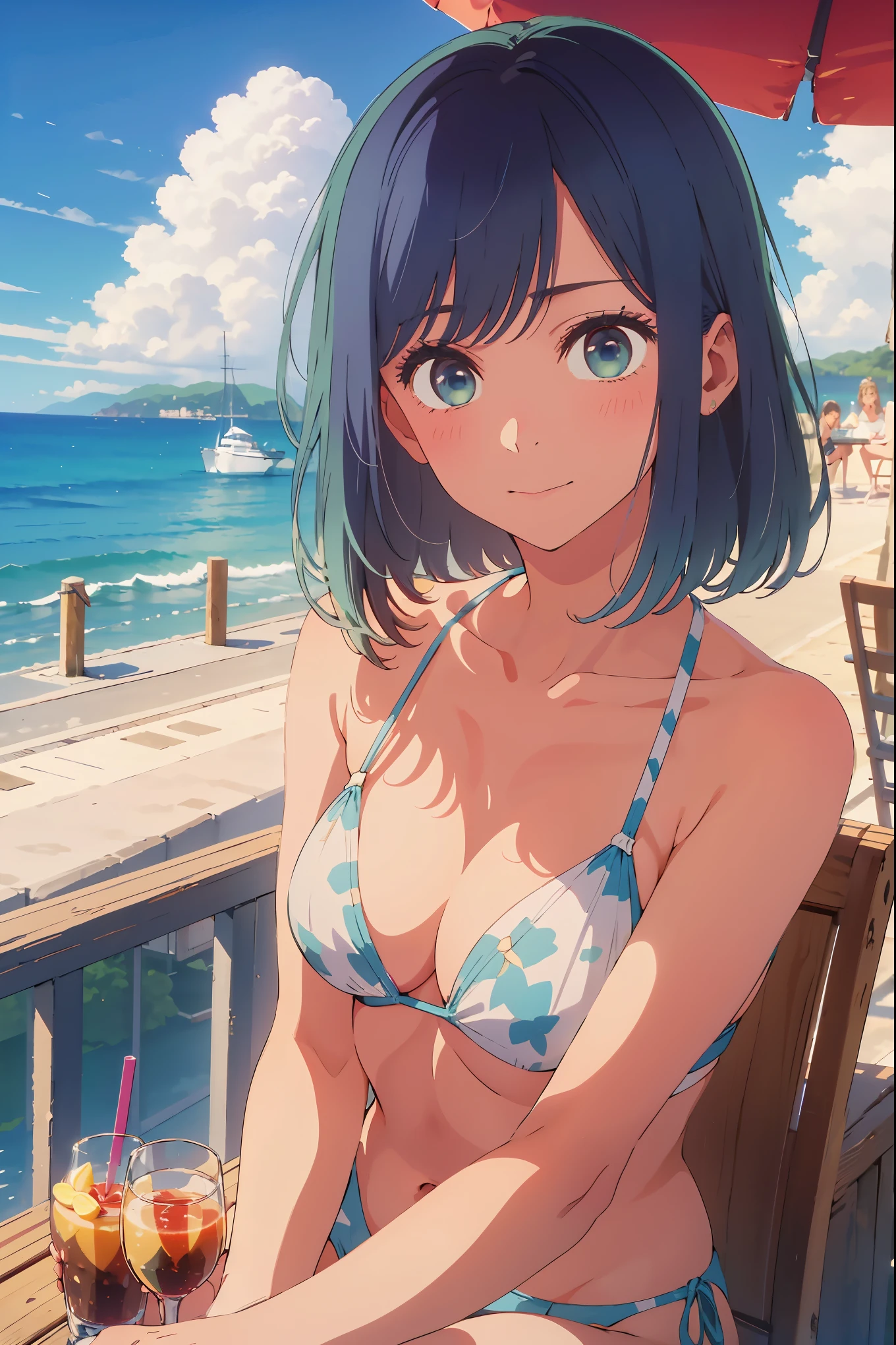 Highest quality, 8k, detailed, largeBig Breasts, Slim and beautiful arms, Slim body, 1 person, smile, Swimwear, sitting, city in the background, Outdoor café terrace, coastal, Navy hair color, juice, table, side-tie bikini, from below, Very cute face, looking at the camera, Very beautiful face, Very blue sky