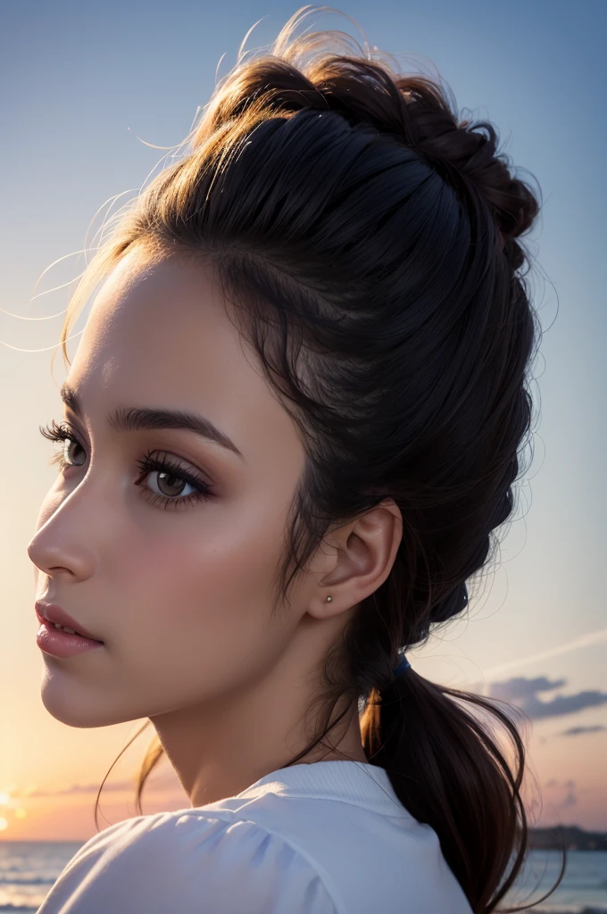 Create the face of a Brazilian woman in profile with her eyes wide open looking at the sky on the right side 