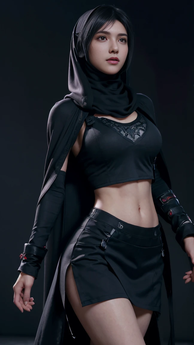 8K, Top Quality, Intricate Details, Ultra Detail, Ultra High Resolution, Masterpiece, close up shot, (full body: 1.1), Slender, Smile, (Makeup: 0.4), (walking), (Fluffy Eyes: 1.21), ((bangs)), 1girl, solo, 1 girl, (((red eyes, black hair, bangs, long hair)), ((Tifa,Tifa・lockhart,Final Fantasy 7,FF7,l)), close up shot, , ((tall)), (((fit body))), (((slim face))), sharp face, ((abaya, hijab, )) , (detailed face), sharp face, small lips, ( walking), walk pose, walking pose,
((, abaya ,hijab)), , ((,)), detailed face, detailed breast, large breast, huge breast, (( )), detail ass, Narrow Waist, Skinny, tall , 175 cm tall, Muscular, Navel, Exposed Abdomen, Pointed Chest,, Beautiful girl with accentuated slender abs: 1.4, Six Pack Abs: 1.4,, Perfect Body, detail leg, (( dark background)), black background,