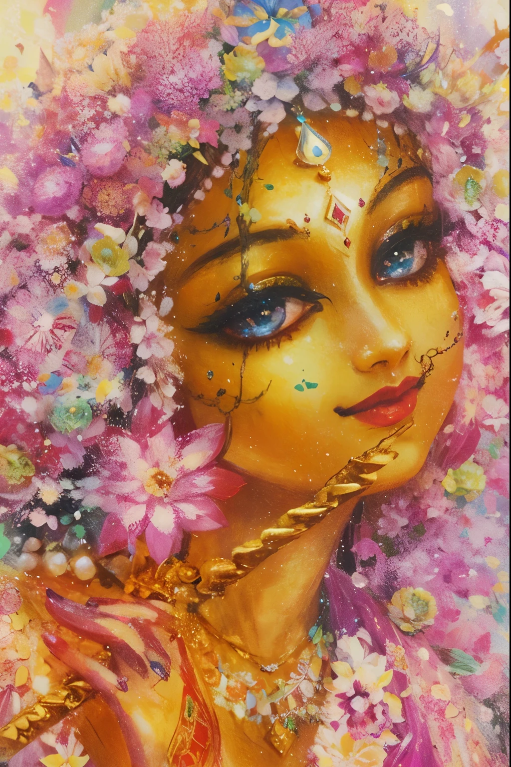 Shree Radharani, holding a golden flute, golden complexion, adorable face, large teary lotus eyes, red lips, divine smile, lots of flowers, beautiful cowherd girl of Vrindavan