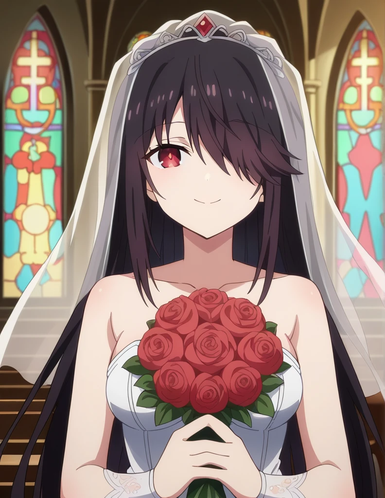 score_9, score_8_up, score_7_up, source_anime, 
kurumitokisaki, kurumi tokisaki, long hair, black hair, red eyes, hair over one eye, smile,
dress, white dress, wedding dress, veil, bouquet, flowers,
indoors, church,
looking at viewer, upper body, straight-on,