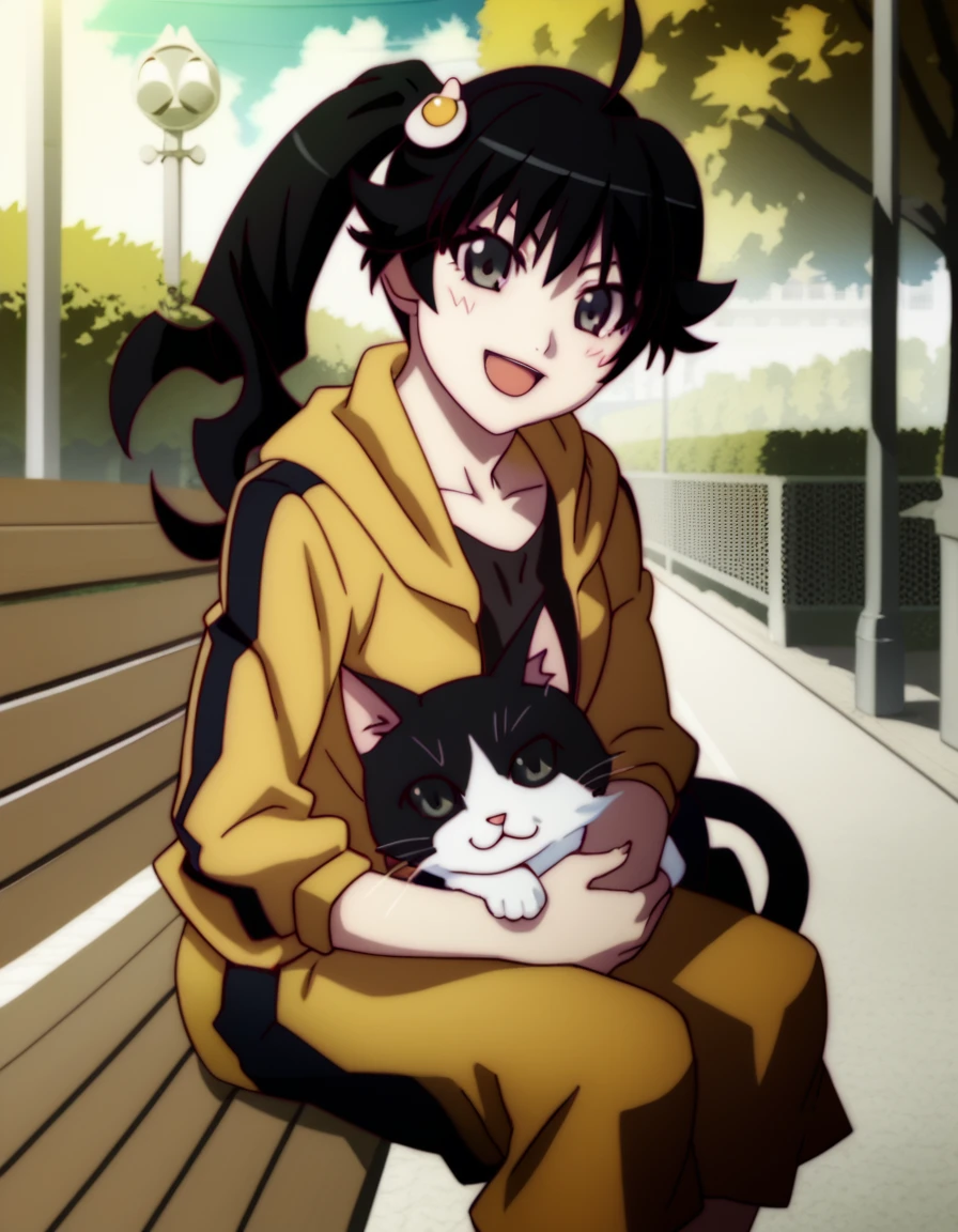 score_9, score_8_up, score_7_up, source_anime, araragi karen, black hair, ahoge, black eyes, hooded track jacket, short hair, egg hair ornament, side ponytail, shorts, park, happy, joy, bench, sitting on bench, 1cat, cat, huge cat, cat on lap, holding cat,