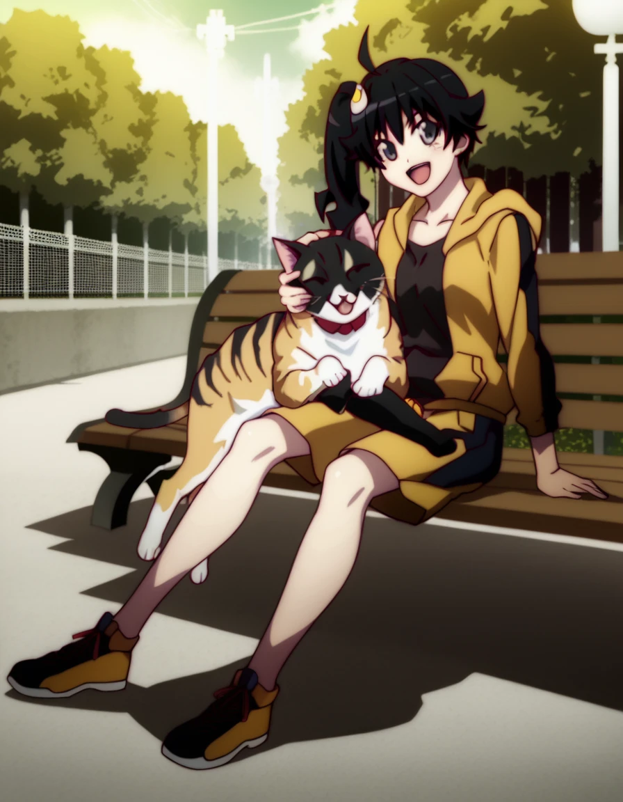 score_9, score_8_up, score_7_up, source_anime, araragi karen, black hair, ahoge, black eyes, hooded track jacket, short hair, egg hair ornament, side ponytail, shorts, park, happy, joy, bench, sitting on bench, 1cat, cat, huge cat, cat on lap, holding cat,