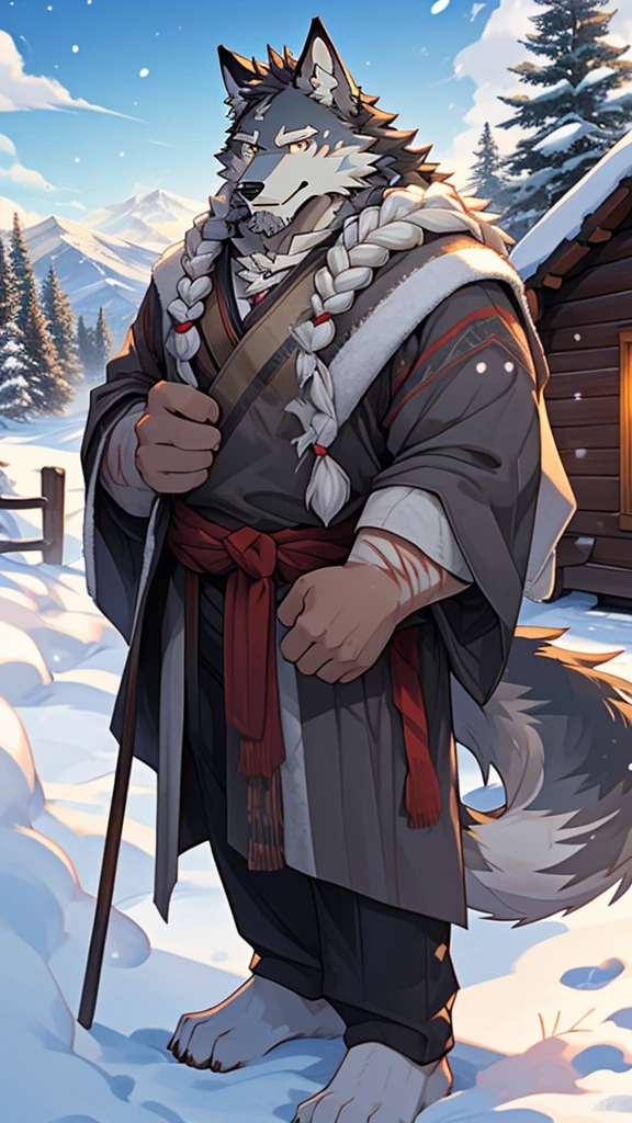 (masterpiece), (Reality:1.5), (1 boy:1.2), (Middle-aged men:1.4), (White Wolf Man:1.6), (Gray fur), (White long beard), (Long white braided hair), (many scars), (scars in the face), (Scars on the body), (Casual Wear), (Loose shirt), (Holding a child), (Gentle smile), (Warm expression), (Kind eyes), (permanent), (Northern cold regions), (Snow Scene), (Mountains), (pine), (cabin), (Chimney smoke), (Footprints in the Snow), (partly cloudy), (daytime), (Bright Sunshine), (light)
