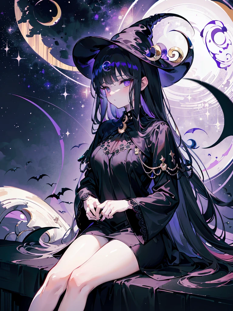 (Masterpiece:1.2), (absurdress), (Detailed Face),(A detailed eye), (Best Quality) 1girl, ((Black nightgown)), Long Dress, long puffy sleeves, (black night hat), hairlong, Dark hair, purple space eyes, sleepy eyes, (((in space))), ((((Sitting on the crescent moon))))