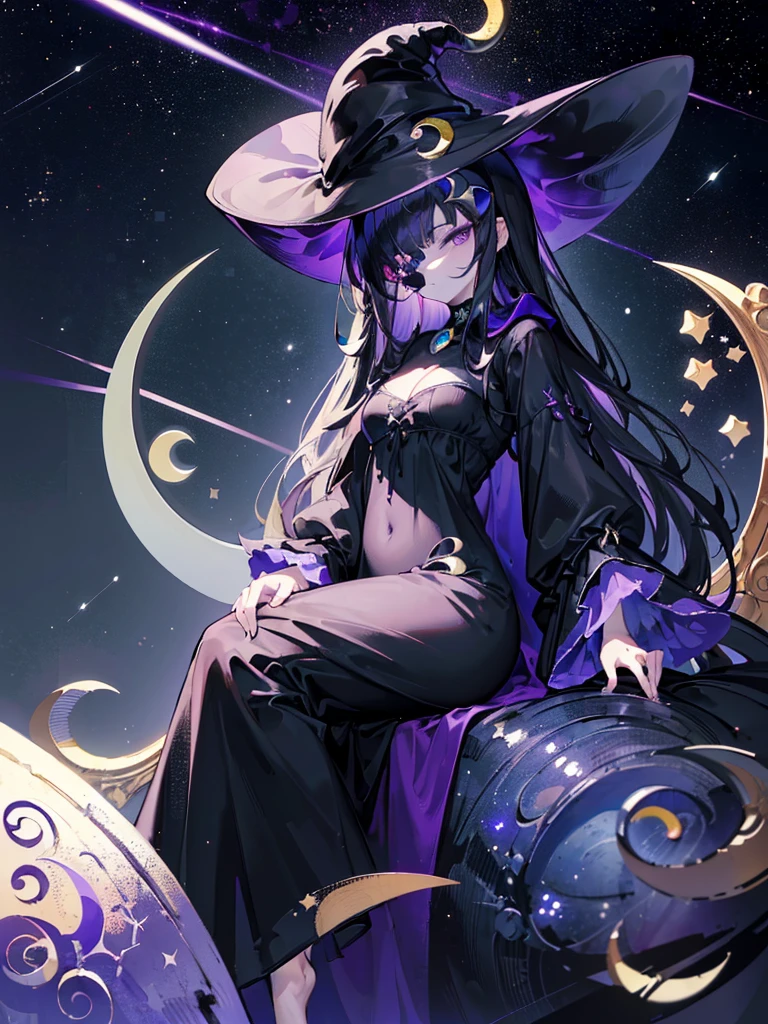 (Masterpiece:1.2), (absurdress), (Detailed Face),(A detailed eye), (Best Quality) 1girl, ((Black nightgown)), Long Dress, long puffy sleeves, (black night hat), hairlong, Dark hair, purple space eyes, sleepy eyes, (((in space))), ((((Sitting on the crescent moon))))