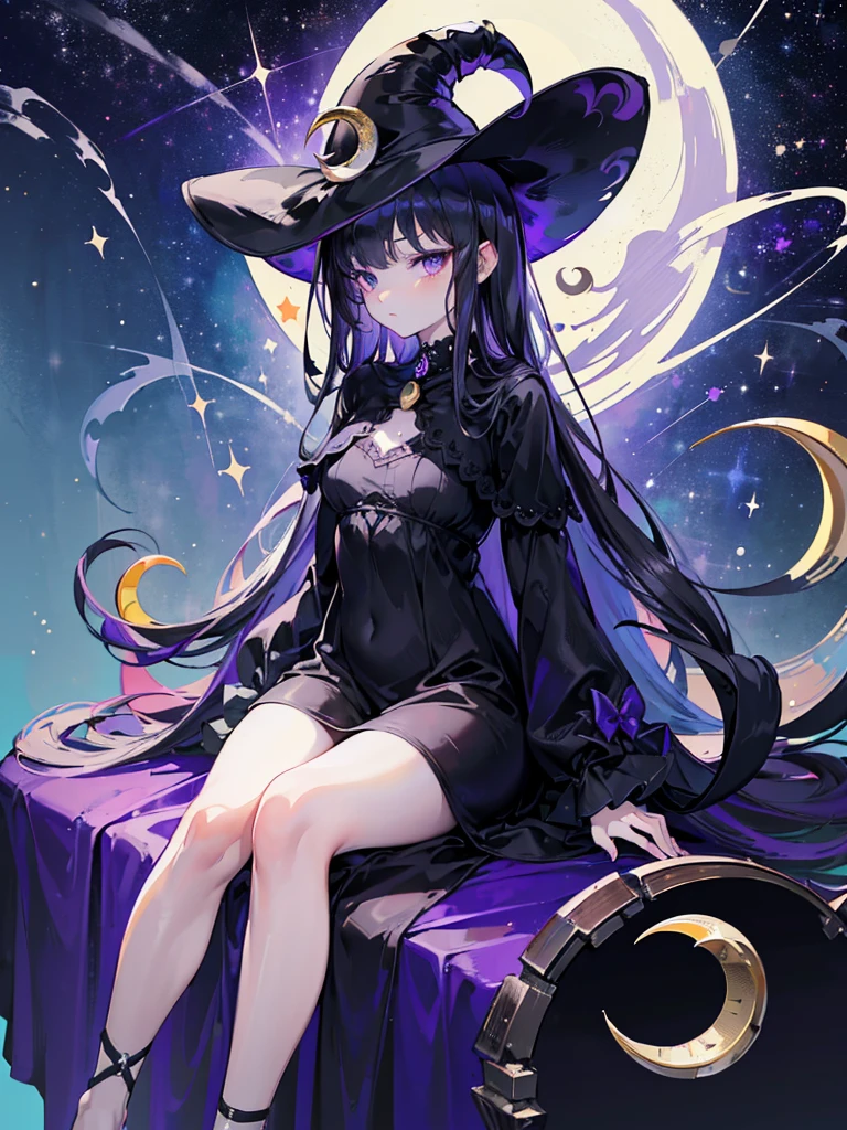 (Masterpiece:1.2), (absurdress), (Detailed Face),(A detailed eye), (Best Quality) 1girl, ((Black nightgown)), Long Dress, long puffy sleeves, (black night hat), hairlong, Dark hair, purple space eyes, sleepy eyes, (((in space))), ((((Sitting on the crescent moon))))
