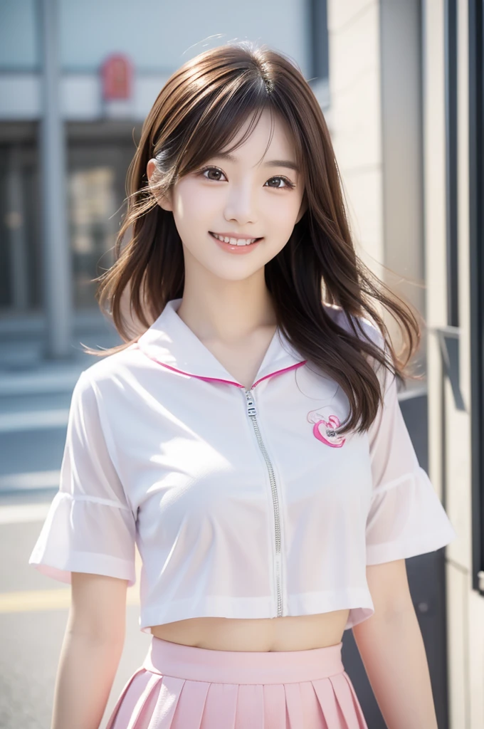 Image resolution 8K、masterpiece:1.3)、Beauty、1 female、(魅力的なbody:1.2)、abdomen:1.1、Dark Brown Hair:1.1、(body:1.2)、Ultra-detailed face、Attractive lips、double eyelid、Super realistic and detailed super cute in a white short sleeved zippered sailor suit and pink skirt、Japanese 、Japanese women、10th generation(18-year-old)、Smiling with a nice smile、Hair fluttering in the wind、Short Hairstyle、Beautiful breasts、