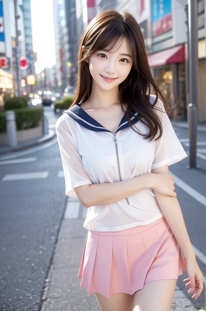 Image resolution 8K、masterpiece:1.3)、Beauty、1 female、(魅力的なbody:1.2)、abdomen:1.1、Dark Brown Hair:1.1、(body:1.2)、Ultra-detailed face、Attractive lips、double eyelid、Super realistic and detailed super cute in a white short sleeved zippered sailor suit and pink skirt、Japanese 、Japanese women、10th generation(18-year-old)、Smiling with a nice smile、Hair fluttering in the wind、Short Hairstyle、Beautiful breasts、