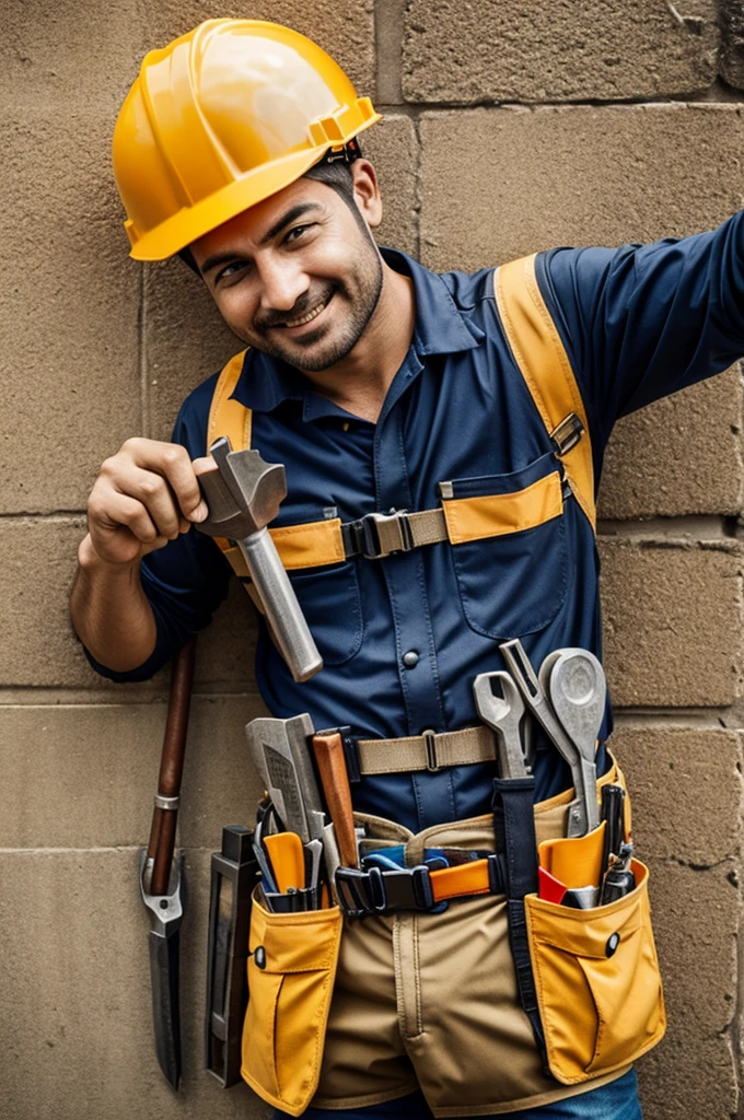 Screw with happy face and construction helmet and tool belt