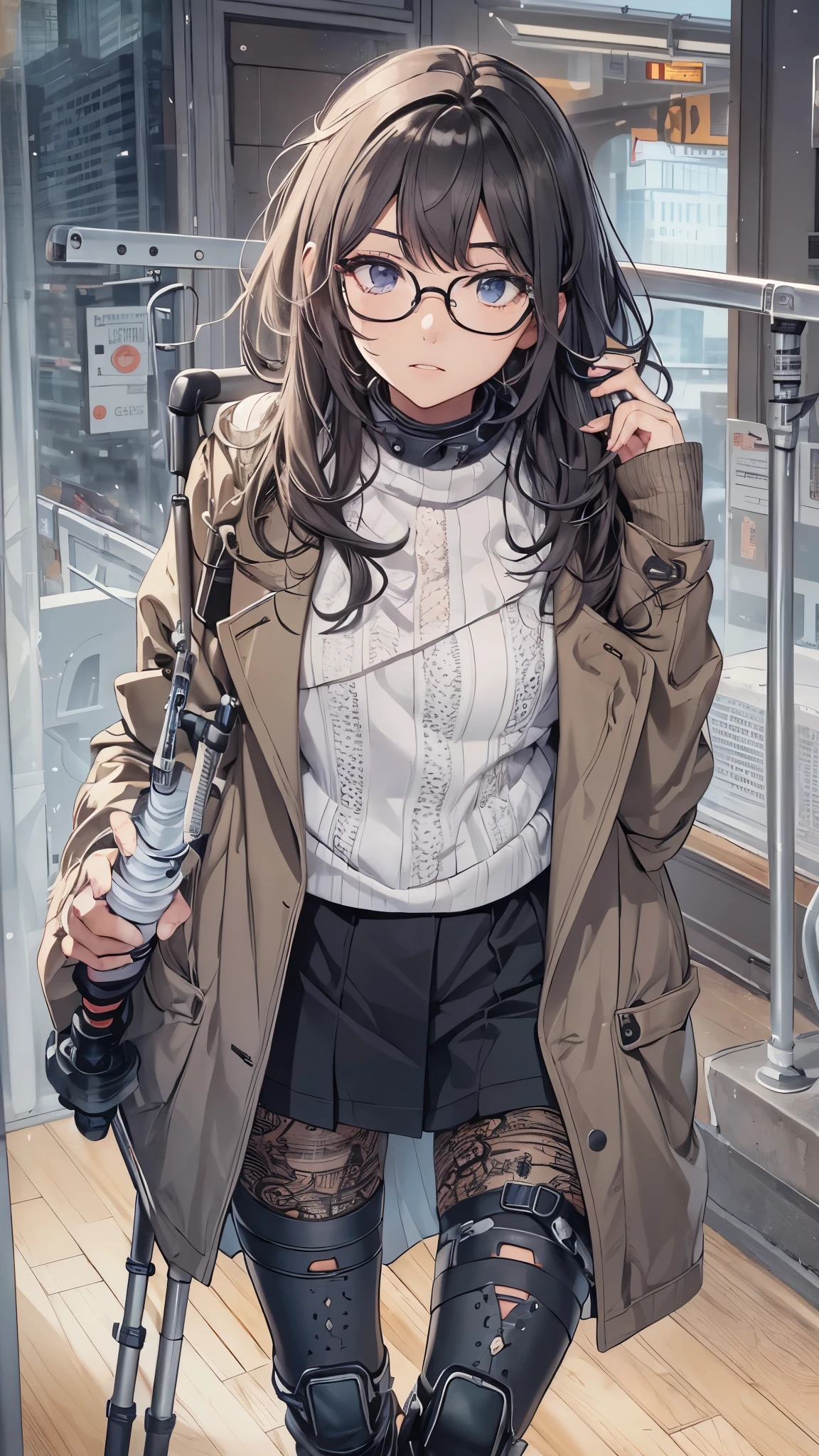 (Very detailed, Realistic), Cityscape, [moderately:Oil], [Professional:1.1], [Physically Based Rendering], [Bright colors], [Sharp focus], [Studio Lighting], [Extreme Detail], [Highest quality,4K,8K,High resolution,masterpiece:1.2],(Detailed face),((inside the hospital)),((One 18-year-old woman)),(Glasses),(Black unkempt hair),(dark),(it hurts),(Scary),[Nervous eyes],((She walks with crutches,Crutch length from armpit,Crutches are at her side)),she leans on her crutches)),((she’s putting on her legs in cast)),((leg braces)),((leg braces)),((she’s wheelchair user)),((she’s wheelchair user)),((Her feet are turned inwards)),(winter clothes ladies fashion,trench coat,tights),((lace-up-long-boots)),(gloves,Knee pads),.