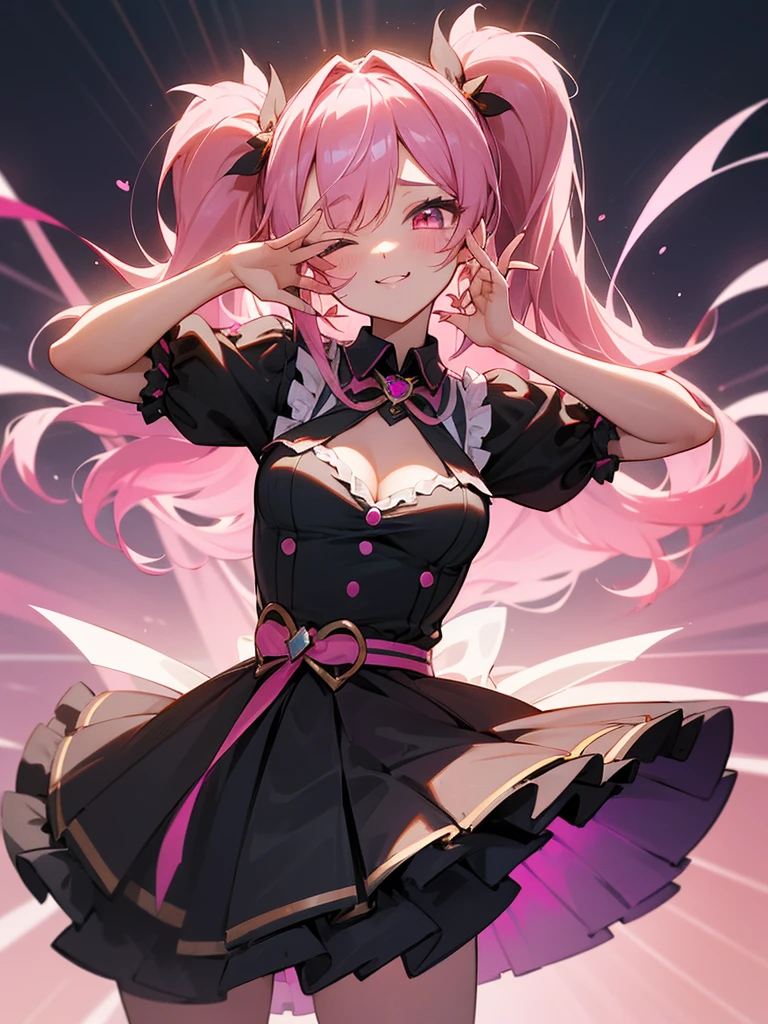 High quality,beautyな背景,detailed,masterpiece,beauty,1 person,aldult,Up to the waist,Idol,Cute Woman,Idol衣装,Fluttering,Lots of frills,Cleavage Emphasis,笑face,Idolのステージ上に立つ,Live,Hold the microphone, ((((perfection_face))),(Beautiful lighting:1.3),Dynamic Lighting,Dynamic Pose,Active,Pink Hair,Standing pose,Golden Ratio,Pink Eyes,Close one eye,Burikko Pose,Twin tails,long hair,Fluttering Hair