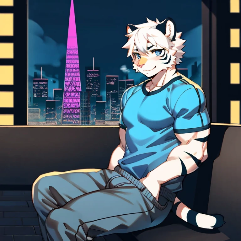 author:jijis-waifus,(author:pgm300:0.5),best quality,masterpiece,City,sit,Solitary,juvenile,muscular male,White Tiger,Cats,short hair,White hair,blue eyes,Gray body,shirt,Sweatpants