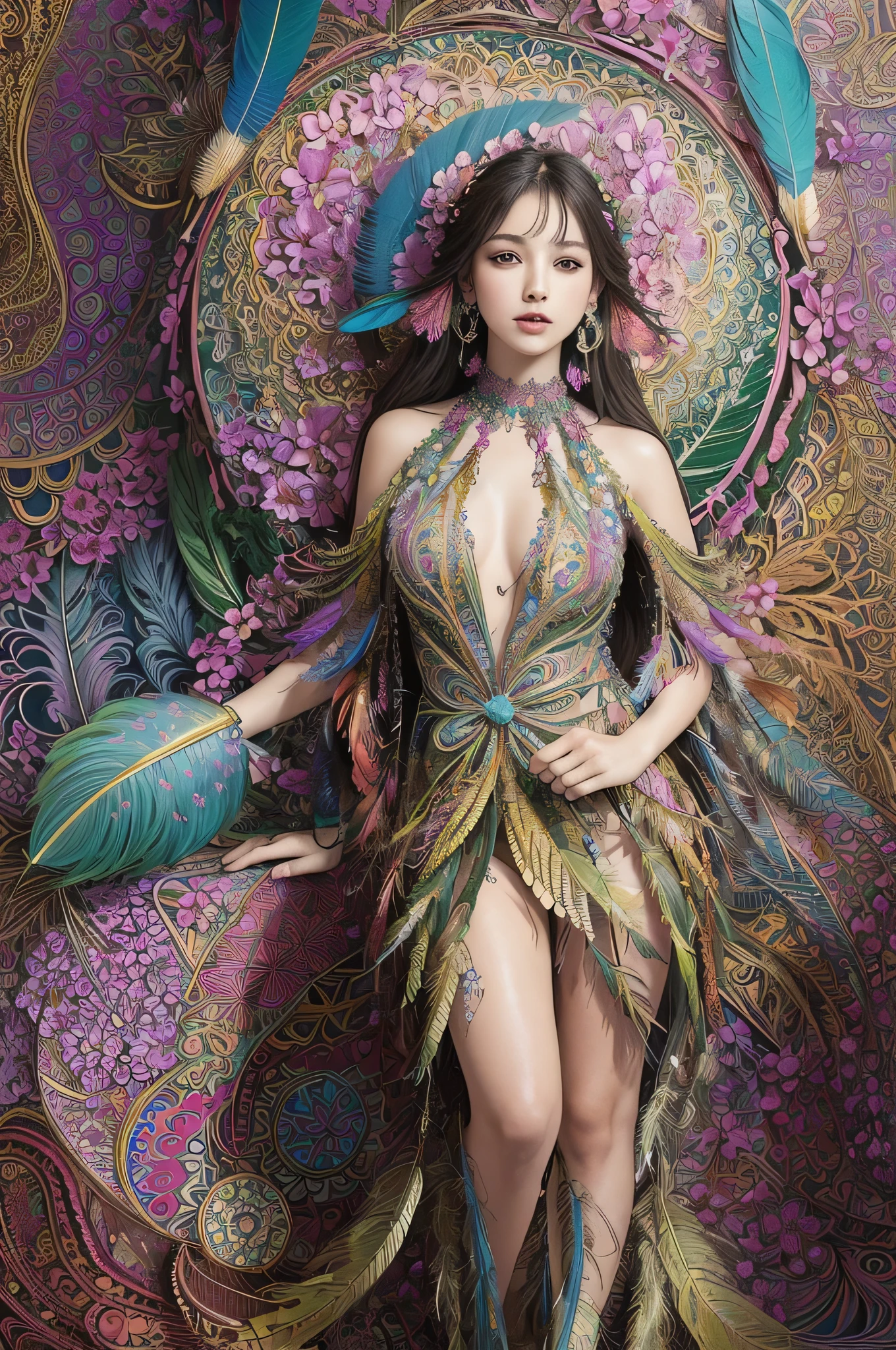 (masterpiece, top quality, best quality, official art, beautiful and aesthetic:1.2), (1girl:1.3), extremely detailed,(fractal art:1.1),(colorful:1.1)(flowers:1.3),highest detailed,(zentangle:1.2), full body, (abstract background:1.3), (shiny skin), (many colors:1.4), ,(earrings), (feathers:1.5),