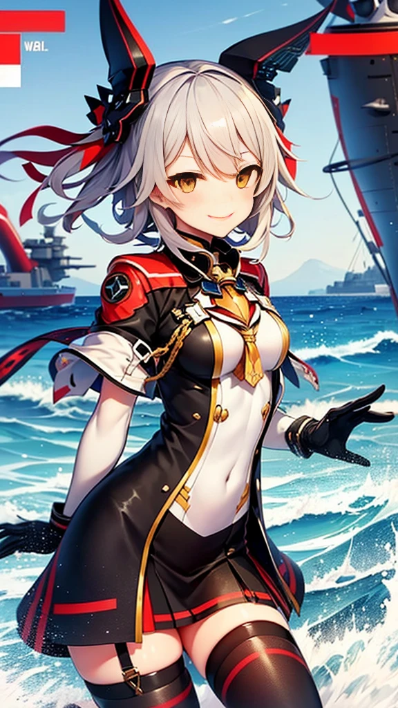 (((アズールレーン)))、(セイレーン)Background: jet black sea, battleship girl, girl, rubble of battleship, black and golden eyes, grey skin, evil smile