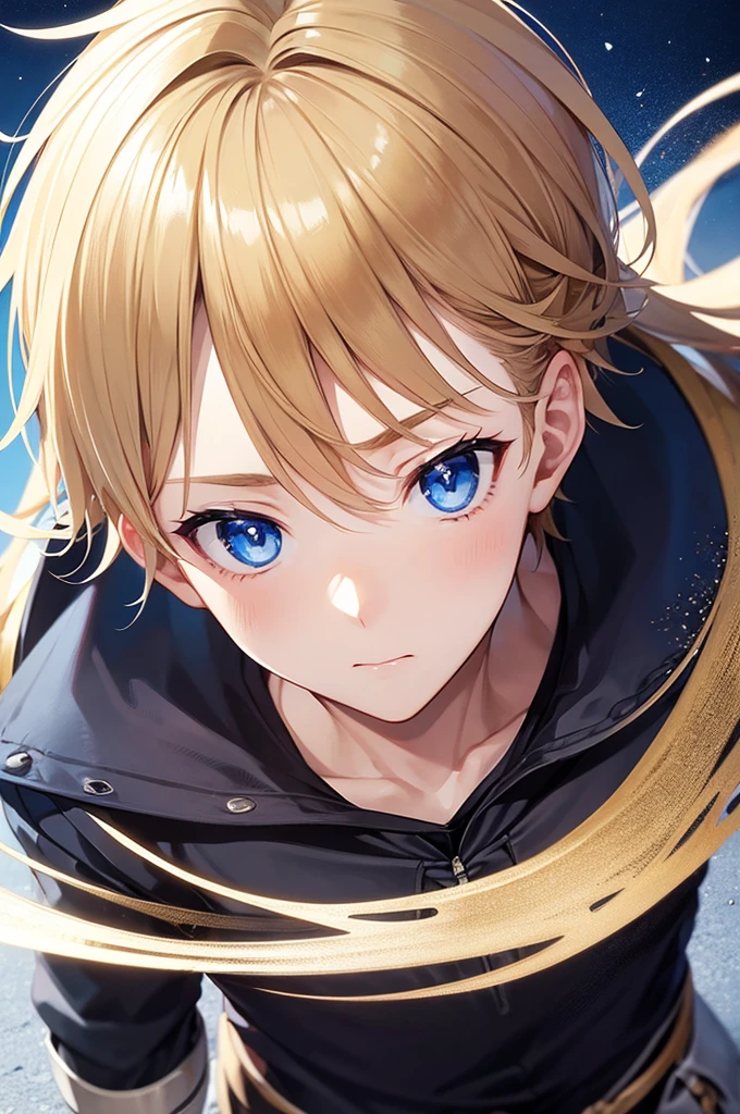 create a cover image about a boy in anime style, dark blonde hair color, blue eyes, knight's armor and a great sword wielded with both hands, tired expression while smiling, with three friends and his beloved, the girl with long brown hair, two small black horns, small bat wings and small demon tail, attire black and white sweet dress wielding a dagger with an angry expression with a smile