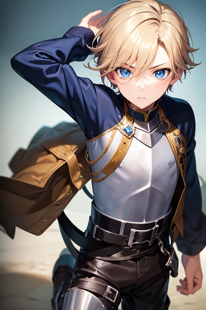 create a cover image about a boy in anime style, dark blonde hair color, blue eyes, knight's armor and a great sword wielded with both hands, tired expression while smiling, with three friends and his beloved, the girl with long brown hair, two small black horns, small bat wings and small demon tail, attire black and white sweet dress wielding a dagger with an angry expression with a smile