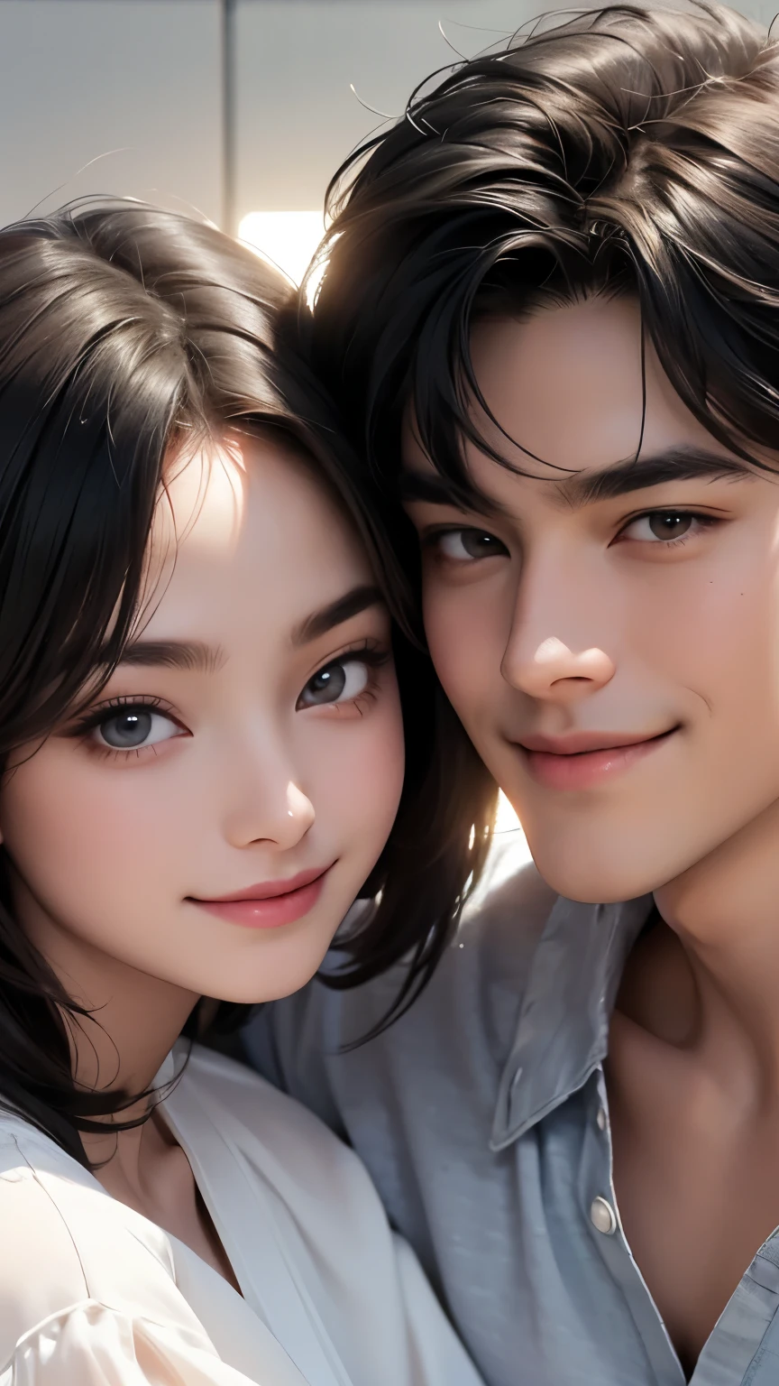 A man and a woman wearing loose, refreshing blouses are rubbing cheeks together、Looking straight at the camera and smiling, The background is a plain gray gradient, Close-up