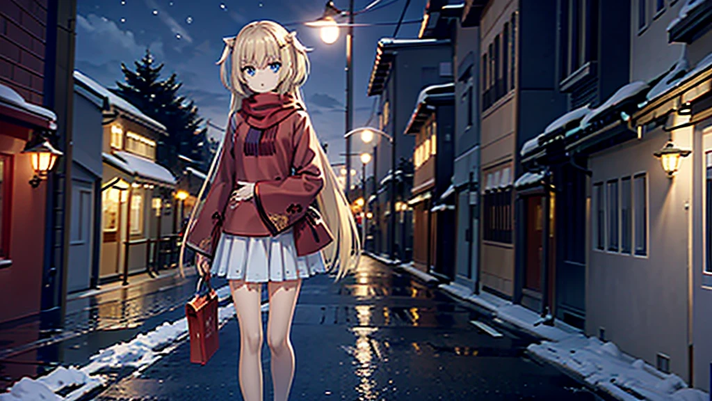 ((masterpiece)),(best quality),Official Art,Extremely detailed CG,Unity 8K wallpaper,Very detailed,Beautiful and delicate eyes,Extremely detailed face,1 girl,solitary,,(whole body:1.5),(small:1.3),，winter，Snowflakes fell in the sky，Light up the lights，Have a prosperous New Year，Chinese New Year，Wearing a long red scarf，Red coat，Walking in the street，Red envelope