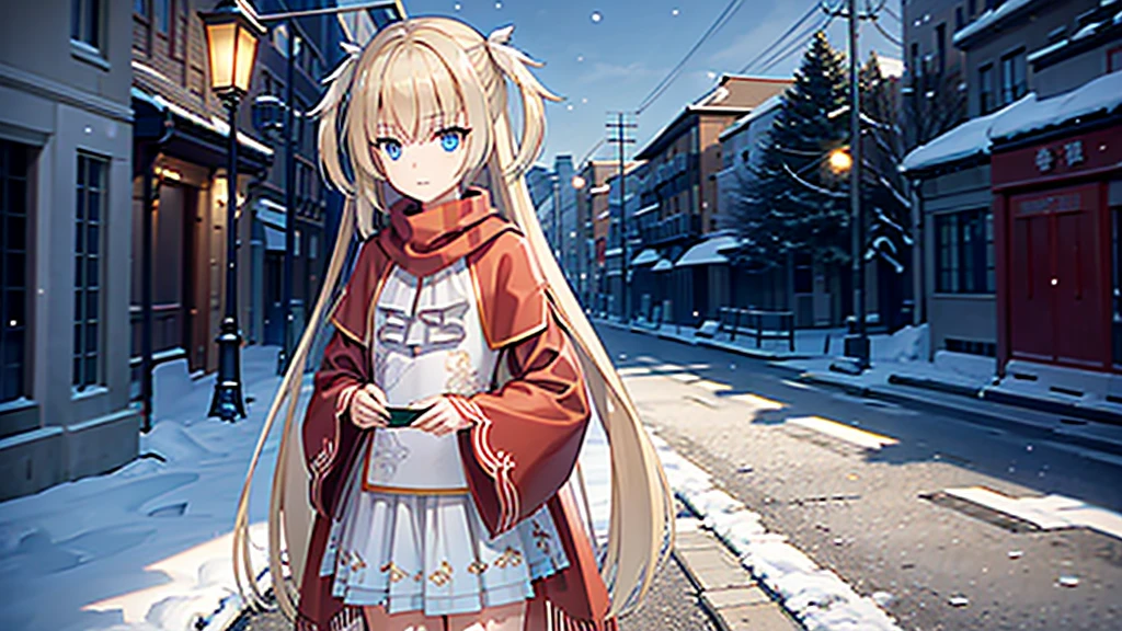 ((masterpiece)),(best quality),Official Art,Extremely detailed CG,Unity 8K wallpaper,Very detailed,Beautiful and delicate eyes,Extremely detailed face,1 girl,solitary,,(whole body:1.5),(small:1.3),，winter，Snowflakes fell in the sky，Light up the lights，Have a prosperous New Year，Chinese New Year，Wearing a long red scarf，Red coat，Walking in the street，Red envelope