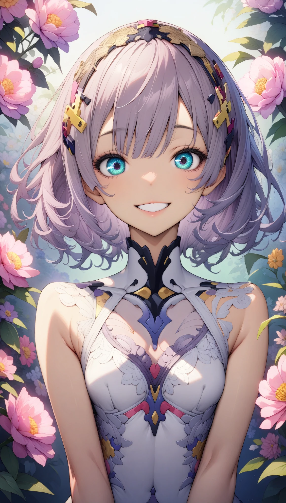 (((masutepiece))), (((Best Quality))), (((Ultra-detailed))), (((extremely delicate and beautiful))), (((Beautiful detailed eyes))), (((Beautiful on floral background々T))), (Smile),((perfect ???????)),