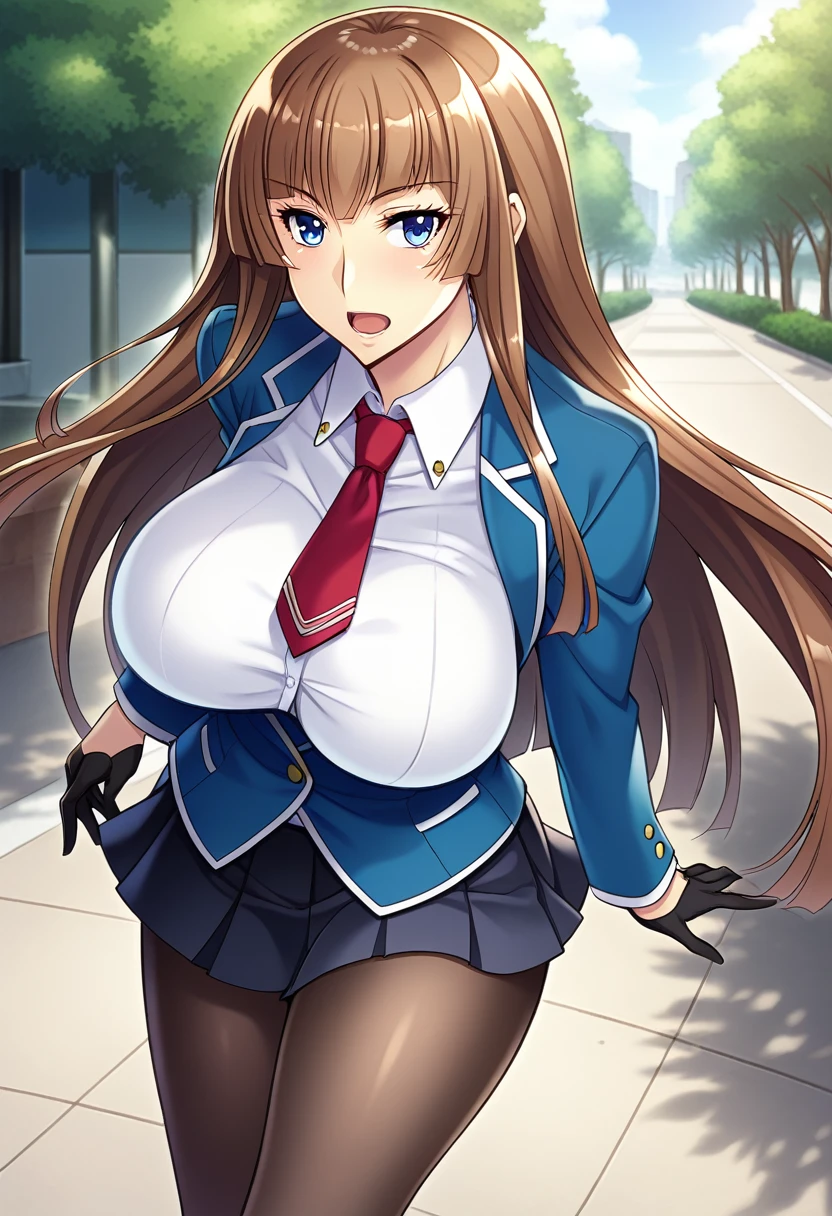 score_9, score_8_up, score_7_up, source_anime, game cg, beautiful detailed eyes, aoi_nagisa_\(metalder\), BREAK solo, 1girl, koukawa asuka, brown hair, long hair, blue eyes, bangs, side bangs, (huge breasts:0.8), medium body, BREAK school_uniform, underbust blue open jacket, white collared blouse, red long necktie, black gloves, black pleated skirt, black pantyhose, BREAK expressionless, open mouth, outside, street, cowboy shot,