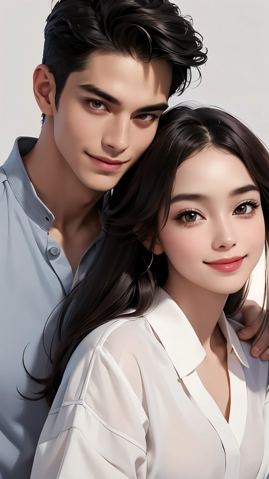 A man and a woman wearing loose, refreshing blouses are rubbing cheeks together、Looking straight at the camera and smiling, The background is a plain gray gradient, Close-up