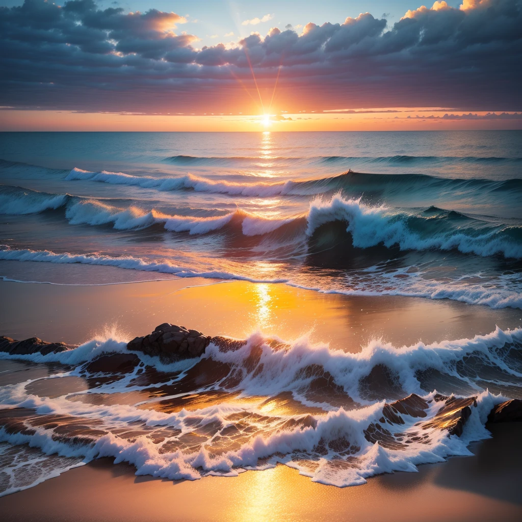 Vivid sunrise over the calm sea、Contrast between bright sky and deep blue sea illuminated by the golden light of the sun