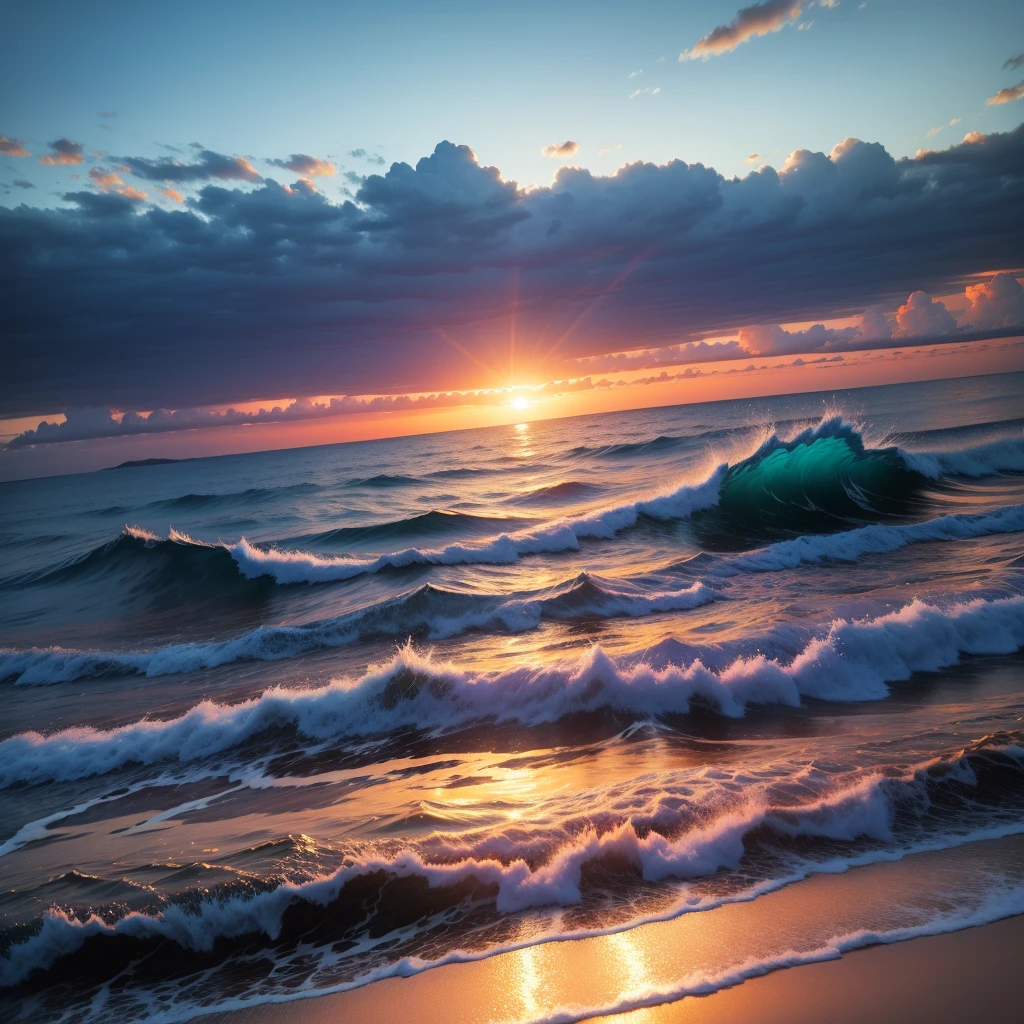 Vivid sunrise over the calm sea、Contrast between bright sky and deep blue sea illuminated by the golden light of the sun