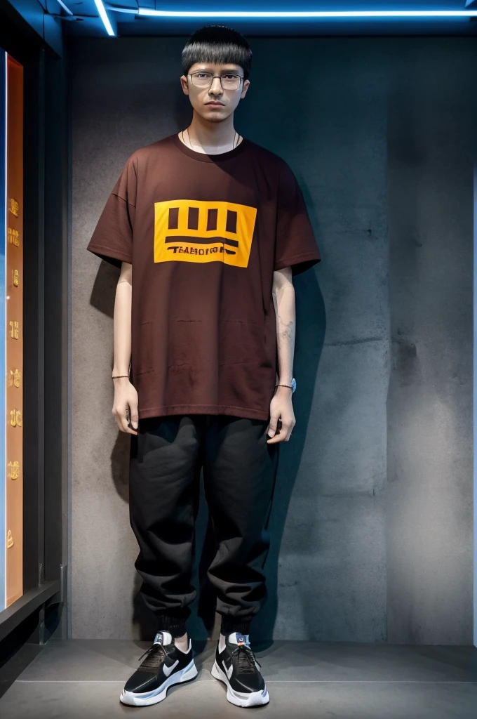 21 year old Beijing boy, he is wearing a oversize xxl red plain t-shirt, he is wearing black trousers, he is wearing sneakers, he is wearing glasses, city, full body, he is buzz cut Hair, foot, walking