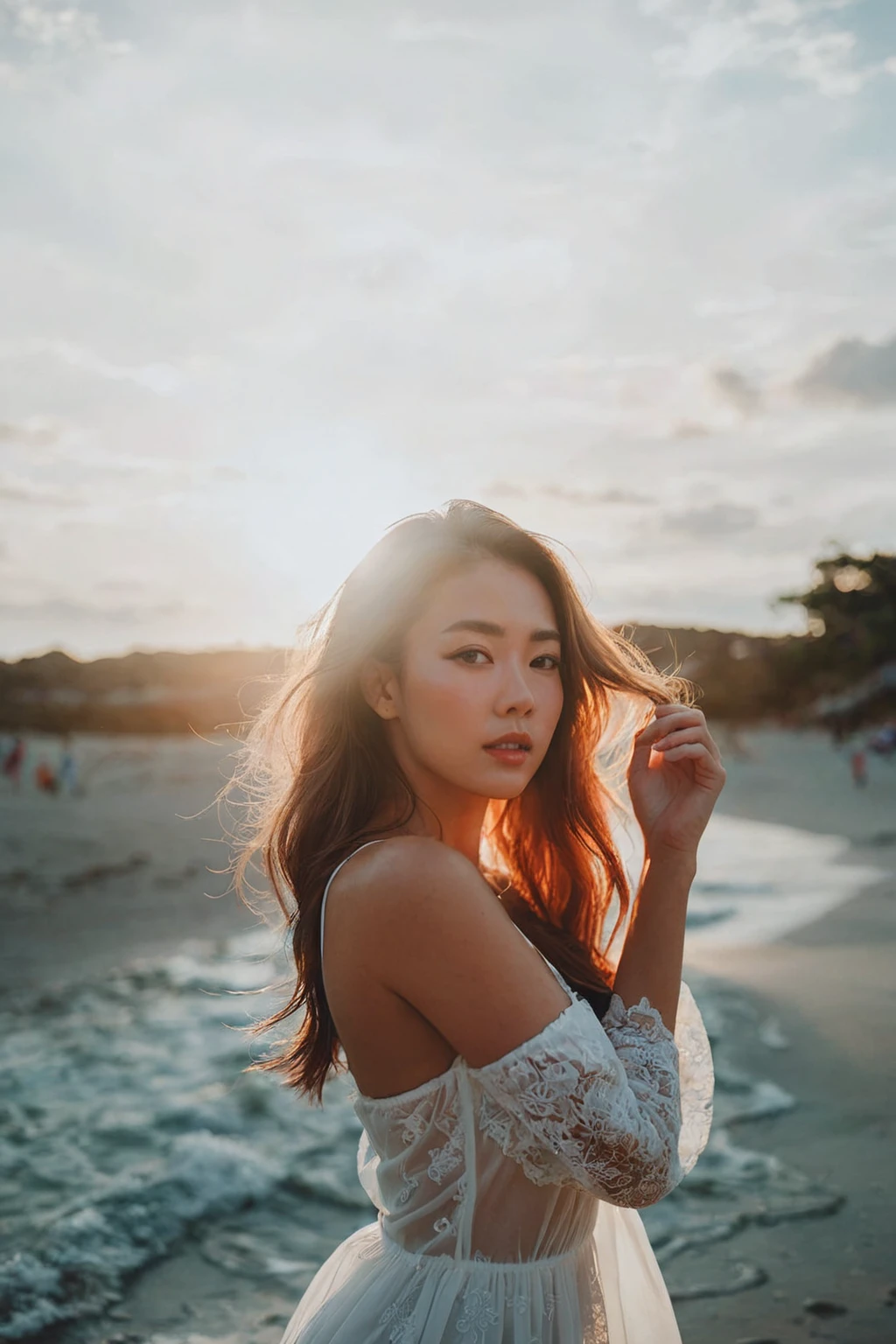 A portrait of a MagMix Girl, big breast, white dress, beach, sunset, fiery sky,