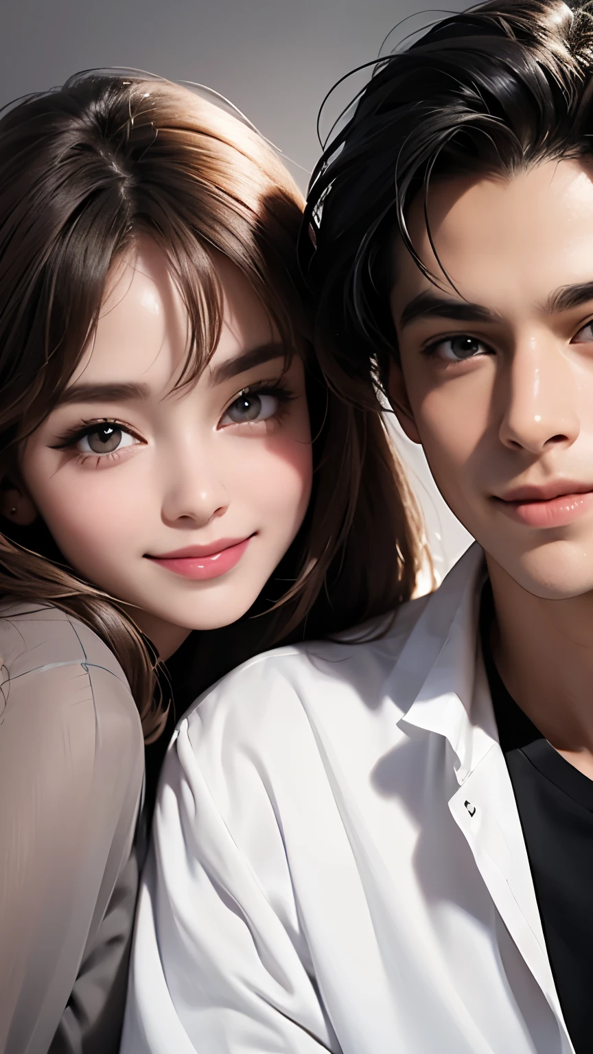 A man and a woman wearing loose, refreshing blouses are rubbing cheeks together、Looking straight at the camera and smiling, The background is a plain gray gradient, Close-up