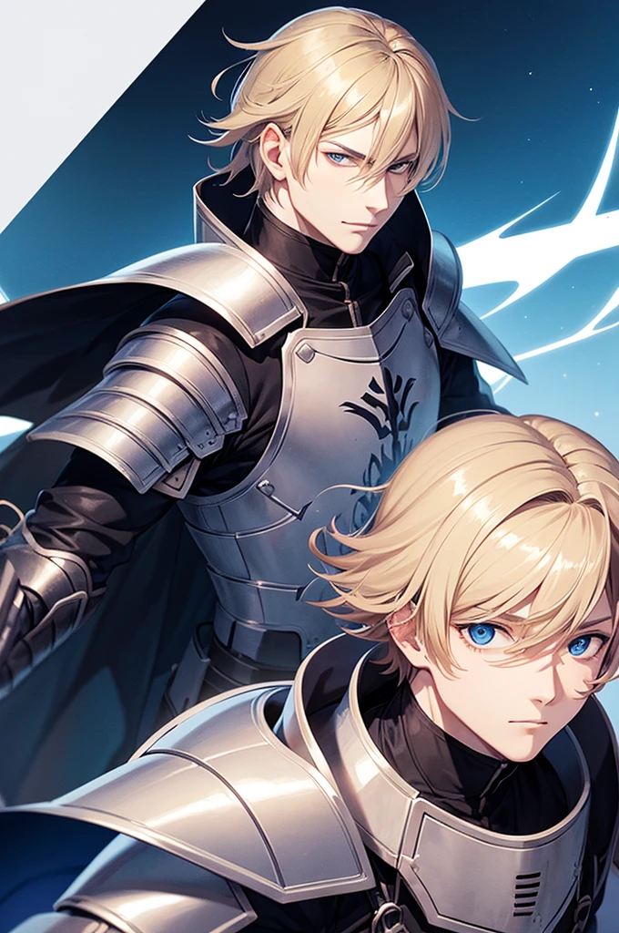 create a cover image about a man in anime style, dark blonde hair color, blue eyes, knight&#39;s armor and a great sword wielded with both hands, tired expression while smiling.