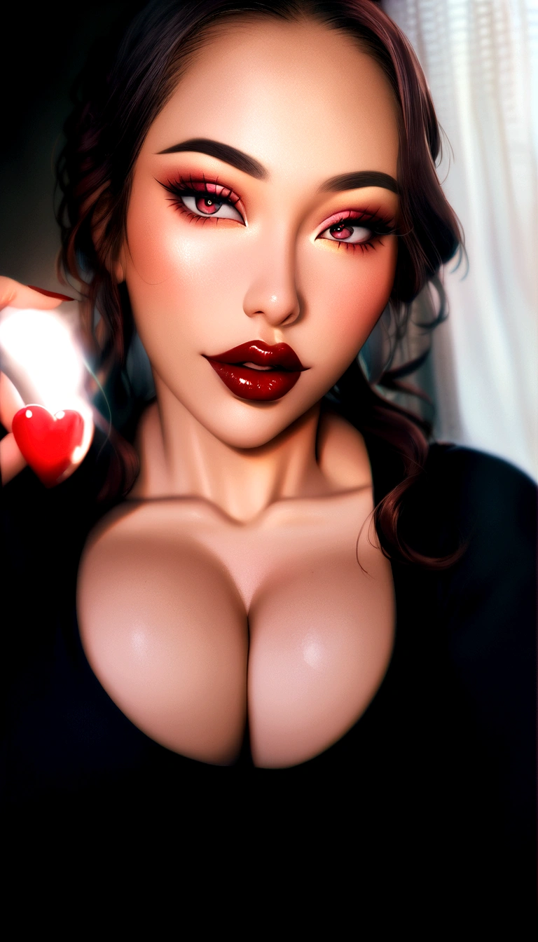 there is a woman with a heart shaped object in her hand, cleavage, thick lips, sie boob, portrait sophie mudd, thick red lips, 🤤 girl portrait, jaw-dropping beauty, large full lips, asian female, amouranth, deep red lips, sexy girl with dark complexion, sexy lips, jaw dropping beauty, sexy red lips