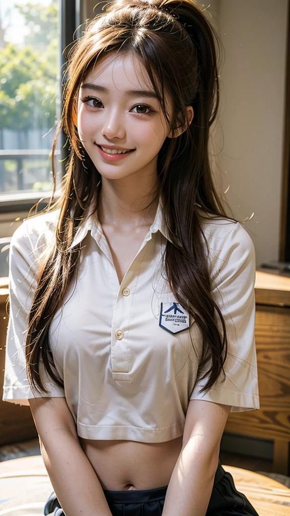 high quality, masterpiece, ultra-detailed, 8k, photorealistic, close-up portrait, 1 girl, 20 years old, Yamashita Park in the morning, wireless earphones, nose piercing, chestnut top ponytail, college uniform, messy hair, chestnut cap, short bangs, realistic, chest picture, smiling with teeth showing, big smile