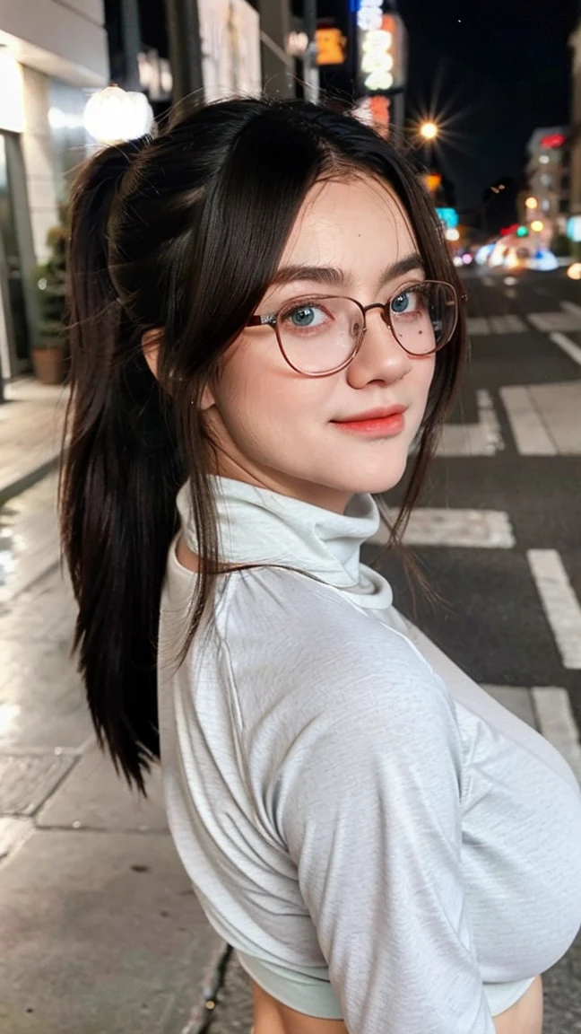 Beautiful Girl, Beautiful, Baby Face, ((65 Years, White firm skin no wrinkles)), smooth, V-cleavage, Colossal Breasts Without Sleeves, Side Pose, Clothes Strap, Turtleneck Crop Top, Mini Shirt, Green Eyes, Muscles, Bokeh, Background Beautiful cities at midnight, Masterpieces, Full Body Shots, Gray hair in a ponytail, Pastel green, Glasses.