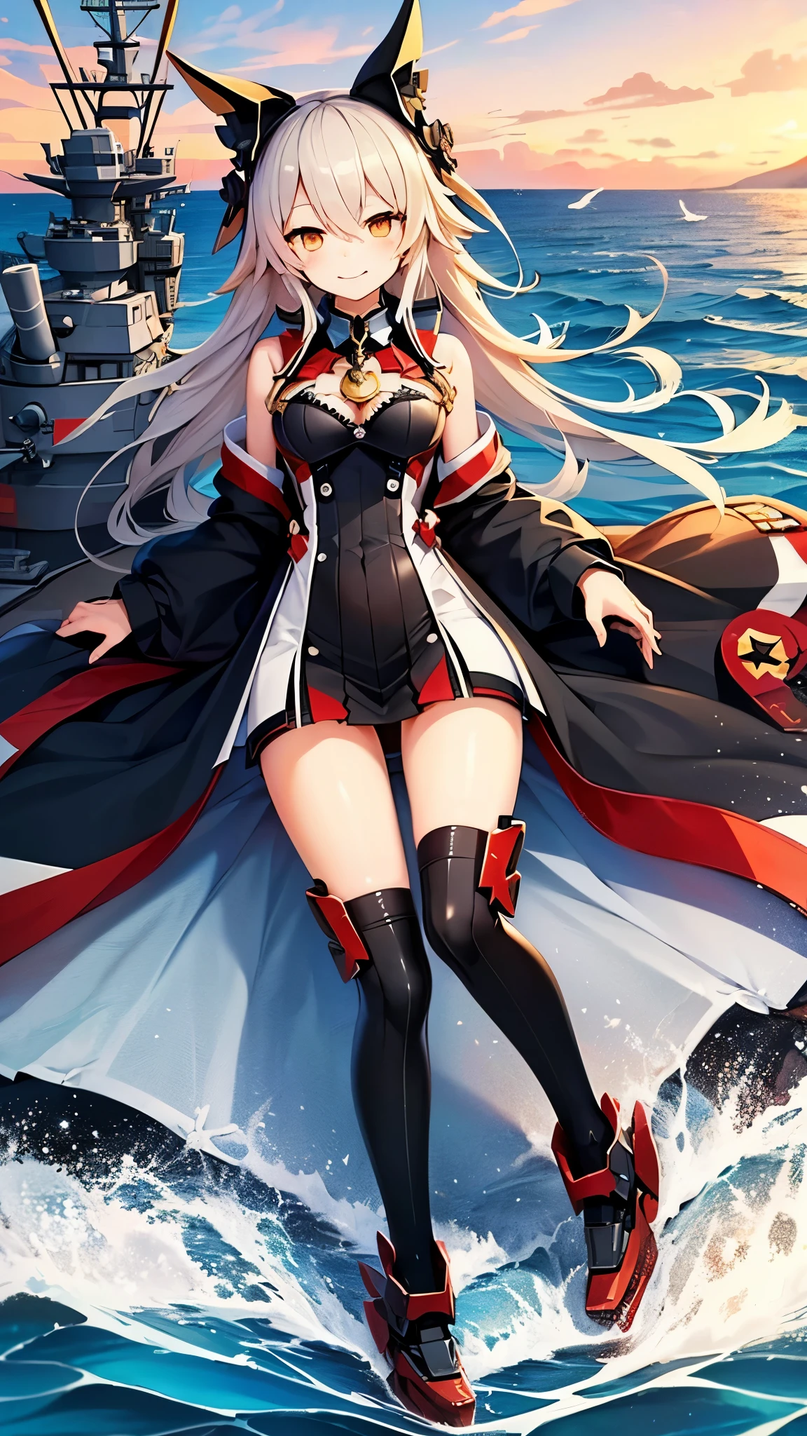 (((アズールレーン)))、(セイレーン)Background: jet black sea, battleship girl, girl, rubble of battleship, black and golden eyes, grey skin, evil smile