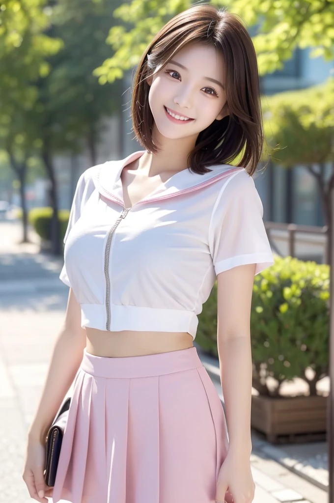Image resolution 8K、masterpiece:1.3)、beauty、1 female、(魅力的なbody:1.2)、abdomen:1.1、Dark brown hair:1.1、(body:1.2)、Highly detailed face、Attractive lips、double eyelid、Ultra-realistic and detailed、The white short-sleeved zippered sailor uniform and pink skirt are very cute..、Japanese 、Japanese women、10th Generation(17 years old)、Laugh with a beautiful smile、Hair blowing in the wind、(whole body:1.3) dance、Big breasts with deep cleavage、Thin legs、Long legs、Full body photo