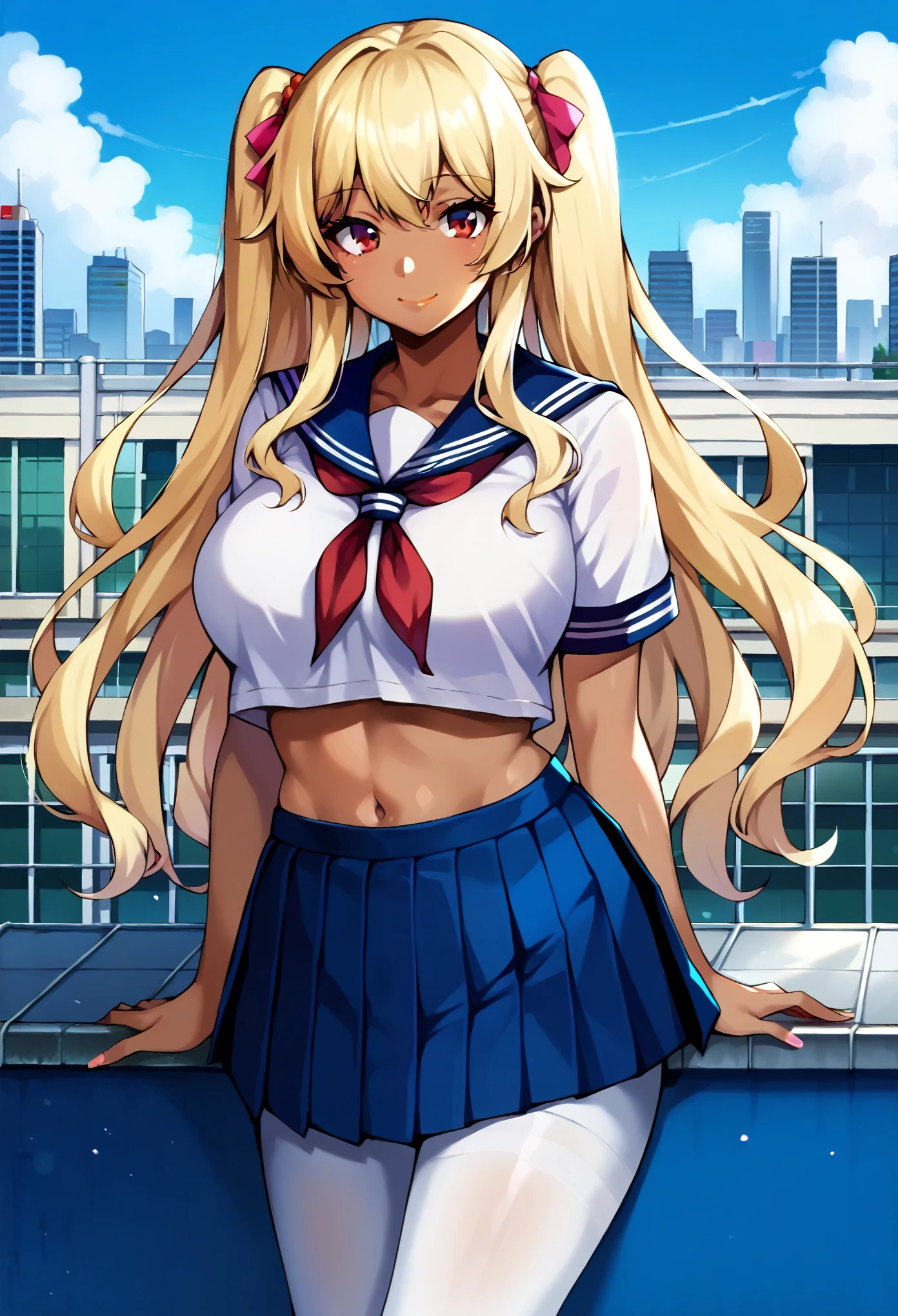 masterpiece, score_9, score_8_up, score_7_up, source_anime, best quality, extremely detailed, 1girl, milf, solo, (dark skin, black skin:1.8), Anne, big breasts, ((((blonde hair), long hair, twintails, red eyes))), blue lips, (((seifuku, sailor collar, crop top, navel, pleated skirt, white pantyhose))), ((light smile), closed mouth), ((school rooftop, cityscape)) 