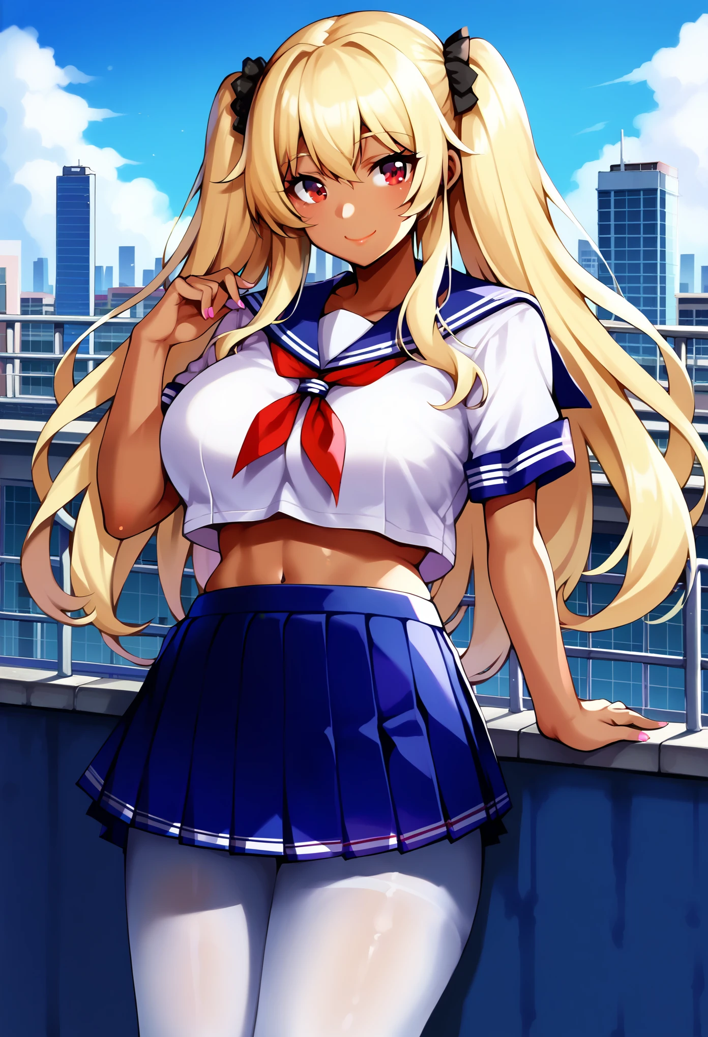 masterpiece, score_9, score_8_up, score_7_up, source_anime, best quality, extremely detailed, 1girl, milf, solo, (dark skin, black skin:1.8), Anne, big breasts, ((((blonde hair), long hair, twintails, red eyes))), blue lips, (((seifuku, sailor collar, crop top, navel, pleated skirt, white pantyhose))), ((light smile), closed mouth), ((school rooftop, cityscape)) 