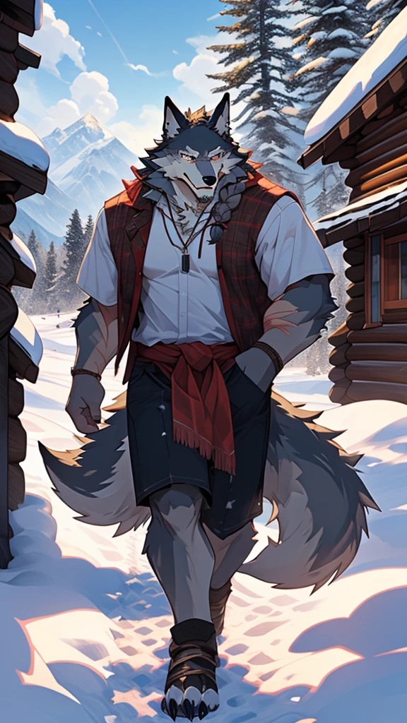 (masterpiece), (Reality:1.5), (1 boy:1.2), (Middle-aged men:1.4), (Wolf Man:1.6), (Gray fur), (White long beard), (Long white braided hair), (many scars), (scars in the face), (Scars on the body), (Casual Wear), (Loose shirt), (Gentle smile), (Warm expression), (Kind eyes), (permanent), (Northern cold regions), (Snow Scene), (Mountains), (pine), (cabin), (Chimney smoke), (Footprints in the Snow), (partly cloudy), (daytime), (Bright Sunshine), (light)