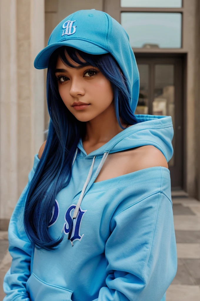 masterpiece,1girl,solo,long hair,blue hair,hoodie,off shoulder:1.2, mob cap, holding a monogram of a name 'A.Sushil'