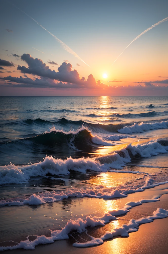 Vivid sunrise over the calm sea, Contrast between bright sky and deep blue sea illuminated by the golden light of the sun